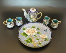 Vintage Cloisonne Enameled Mini Tea Set Tea Pot Lid and 4 Cups Doll House Size picture