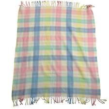 Vintage Knit Baby Lap Blanket Throw 40 x 36 Blue Pink Plaid Fringe Deadstock USA picture