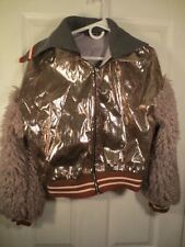 SHEIN Womens Silver Bomber Jacket Coat Faux Fur Sleeves Size Large picture