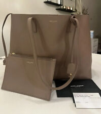 YSL YVES  SAINT LAURENT E/W TAUPE/DARK BEIGE LEATHER SHOPPER TOTE BAG. AUTHENTIC picture