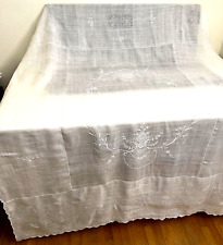 Vintage Semi Sheer Linen Tablecloth w/ Embroidery & Lace Edging 60x80  YY724 picture