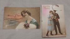 Two 1921 French Hand Tinted Postcards Romantic Photo picture