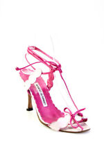 Manolo Blahnik Women's Leather Peep Toe Scalloped Edge Lace Up Heels Pink Size 5 picture