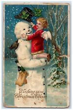1916 Christmas Snowman Hat Angel Shamrock Champagne Snowfall Clapsaddle Postcard picture