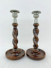 Pair (2) Vintage Wood Barley Twist Candlestick Holders Brass Finish Tops picture