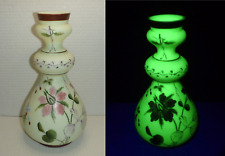Antique Vintage Victorian  Bohemian Harrach Uranium Glass Vase Painted Flowers picture