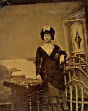 C.1890s Tintype Beautiful Woman Bustle Dress Large Hat. On Fence Prop. T26 picture