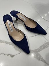 MANOLO BLAHNIK Carolyne Heel Navy Blue Leather Slingback Pointed Toe Italy 38.5 picture