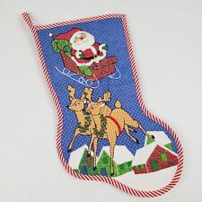 Vintage 80s Christmas Stocking Polka Dot Santa Sleigh Reindeer Fabric Applique picture