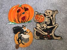 Vtg Halloween Paper Decor 60s Skeleton Mushroom Pumpkin Black Cat Witch Lot Of 3 picture