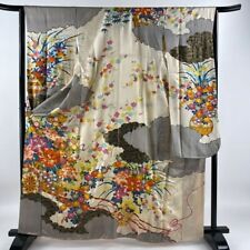 Japanese Kimono Furisode Frail Moutan Gold Thread Gold Paint Beige Color picture