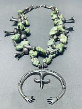 GASP VINTAGE NAVAJO GREEN TURQUOISE STERLING SILVER SQUASH BLOSSOM NECKLACE picture