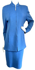 St. John Collection 2Pc Santana Knit Skirt Long Jacket Set Suit Blue USA L 10-12 picture