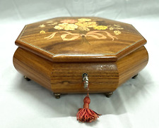 VTG REUGE ITALY Wood Inlay Music Jewelry Box OCTAGON SHAPE w/KEY Flower TOMORROW picture