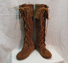 great MINNETONKA knee high MOCCASINS Fringe sz 7 8 vtg No.1428 lace up Boots picture