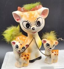 Vintage Anthropomorphic Furry Big Eyes Mama Deer W 2 Fawns On Chains MCM Kitsch  picture