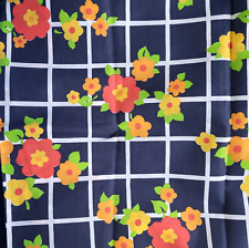 Vtg 60s/70s Floral Fabric Cotton Blend Dark Blue & Red Orange Yellow Flowers 3yd picture