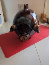 Large 1950s Hull Ceramic Piggy Bank Blue Tan Over Brown Glazed Cork 8.5 x 9.5 In picture
