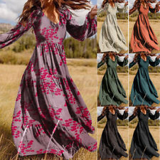 Women V Neck Full Sleeve Floral Long Maxi Dress Pleated Swing Party Dresses Plus picture