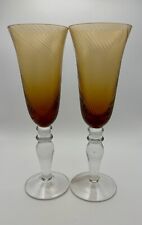 Vintage Neiman Marcus Dark Amber Brown Swirl  Glass Champagne Flute-SET Of TWO picture