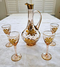 VINTAGE HUNGARIAN HAND BLOWN PINK SMOKE GLASS GOLD DECANTER 4 CORDIALS MCM MINT picture