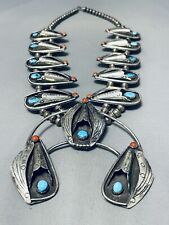 GASP VINTAGE NAVAJO TURQUOISE CORAL STERLING SILVER SQUASH BLOSSOM NECKLACE picture