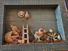 Vintage Rustic 3D Wooden Shadow Box Hanging Picture Chickens- Farmhouse Decor picture
