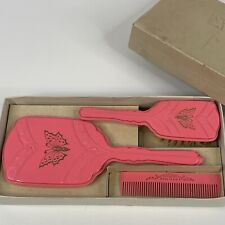 Vintage Child Pink Butterfly Vanity Set Comb Brush Mirror Original Box picture