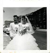 vintage Snapshot Bride and Groom Wedding Dress Day Old Car City Street picture