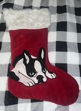 Max Studio Boston Terrier Dog Crewel Needlepoint Red Velvet Christmas Stocking picture