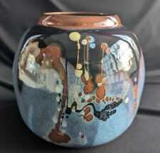 Vtg Tom Grabbert High Fire Porcelain Bowl Vase Blue Black Brown picture
