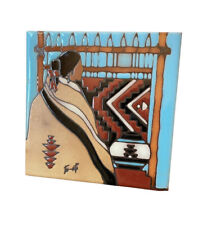 Vtg Earthtones Southwestern Tile Art Trivet Signed Tu-oti Loom Woman Indian picture