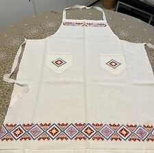 Vintage  100% Linen Apron Full Bib Hand Embroidered border,pockets in Ivory picture
