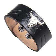 Black Vintage Bull Head Leather Cuff Bracelet Bangle, Ajustable Mens Womens picture