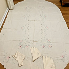 VTG Embroidered Tablecloth w/ 12 Napkins Fancy Hemstitch Cut Out Oval 63 X 102