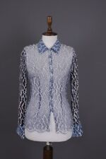 ESCADA Blue Mesh Silk Printed Button Down Blouse Shirt Size 36 picture