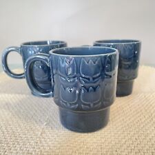 Vintage Pottery Coffee Cups Mugs Tulips Blue Japan Stacking picture