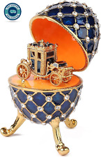 Vintage Blue Imperial Faberge Egg Style Trinket Box with Mini Royal Carriage, Un picture