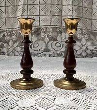 VTG Mid Century Brass & Wood Grain Ornate Deco Candlesticks Candle Holders picture