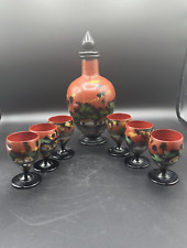 Vintage Red Laquerware Decanter w/Lid & Six Cups Chinese Pagoda Village Scene picture