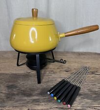 Vintage Mid Century mustard yellow Fondue Pot w Stand Burner Holder & forks picture