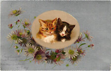PC CATS, TWO CATS WITH FLOWERS, Vintage Postcard (b46837) picture