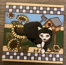 Earthtones Signed Tu-oti Ceramic Tile Trivet Kitty Cat W Bird & Sunflower Vtg 90 picture