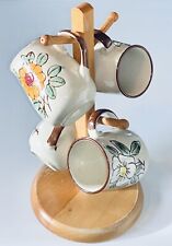 Vtg Lot Set of 4 Otagiri MCM Retro Stoneware Speckled Floral Coffee Mugs & Stand picture