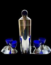 Chase Blue Moon Cocktail Shaker Tray Art Deco Chrome Blue Glass Barware picture
