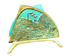 Israel Brass Metal Napkin Business Card Holder Vtg Souvenir Town Birds Tree picture