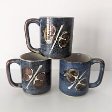 Set Of 3 Vintage Otagiri Made In Japan Acorn Stoneware Mugs Blue Brown picture