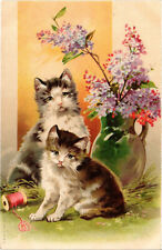 PC CATS, TWO CATS WITH FLOWERS, Vintage LITHO Postcard (b46675) picture