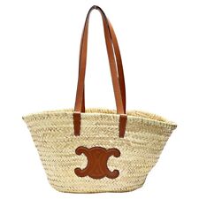 Used Celine Triomphe S-Ga-5109 Beige Straw Tote Basket Bag Rattan Leather Women' picture