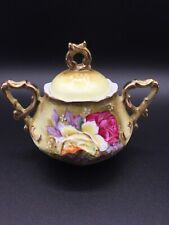 VINTAGE HAND PAINTED NIPPON  PINK YELLOW ROSES SUGAR BOWL GOLD TRIM picture